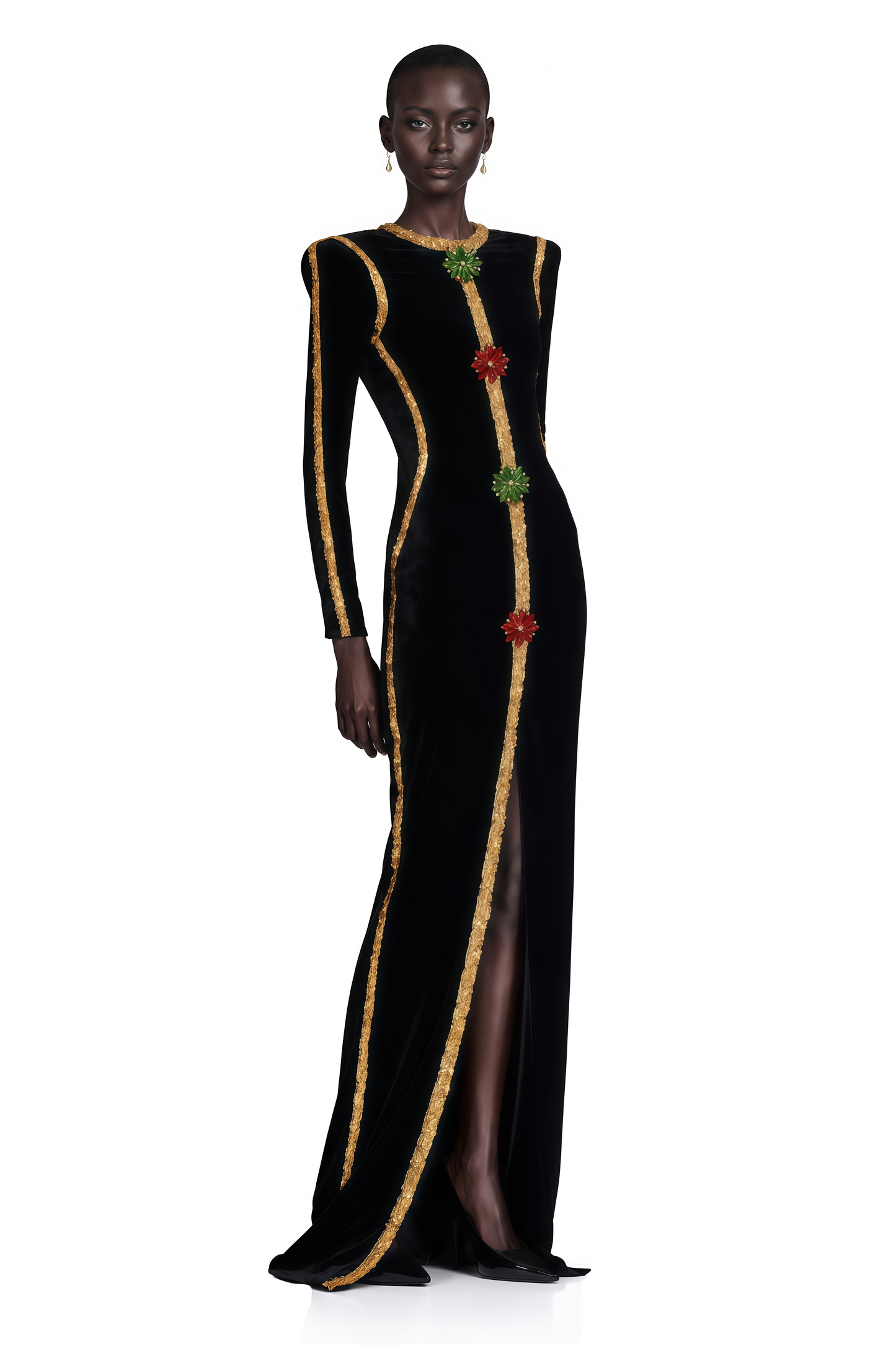 Anna Black Crystal Embellished Front Slit Maxi Dress