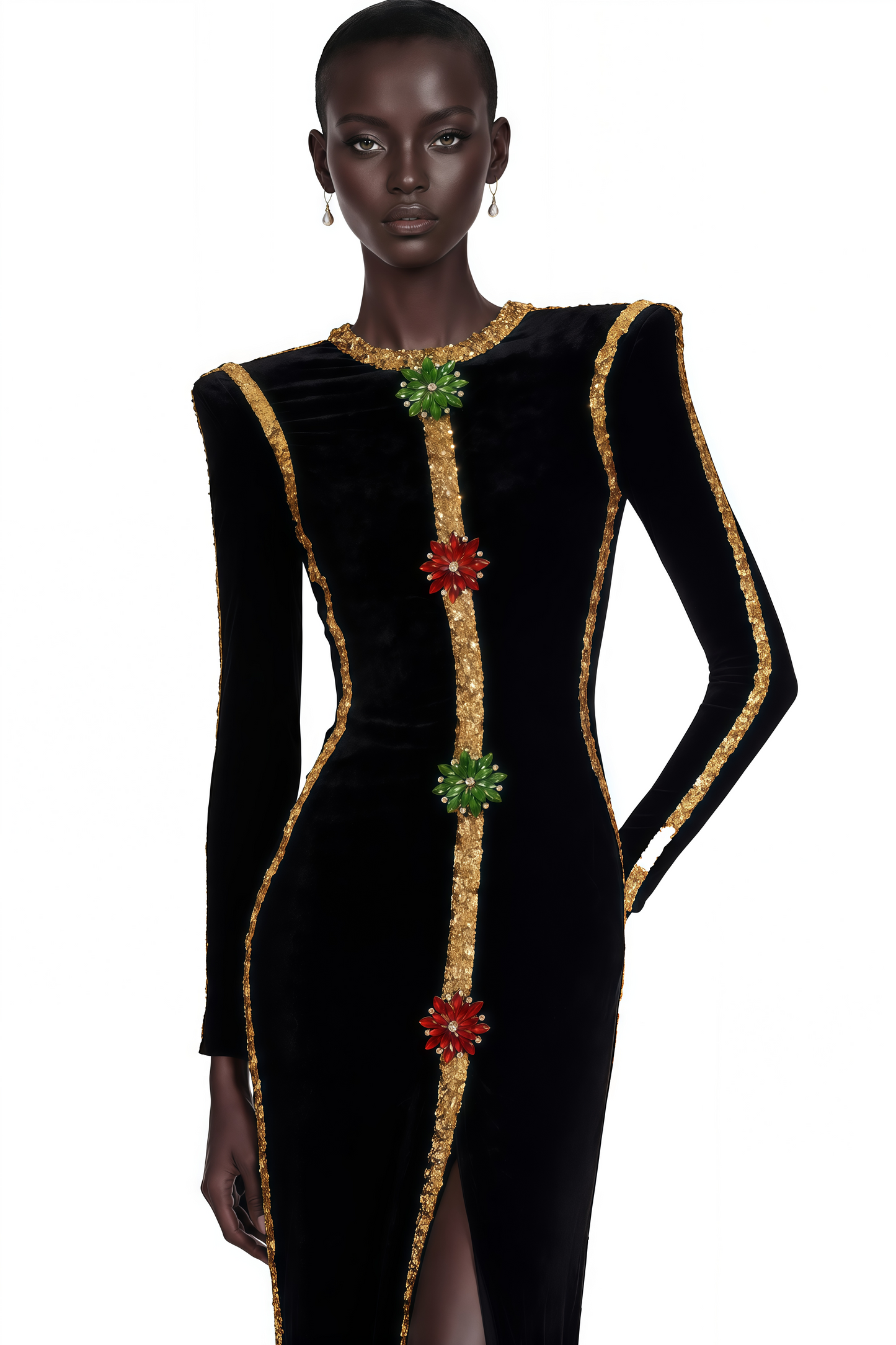 Anna Black Crystal Embellished Front Slit Maxi Dress