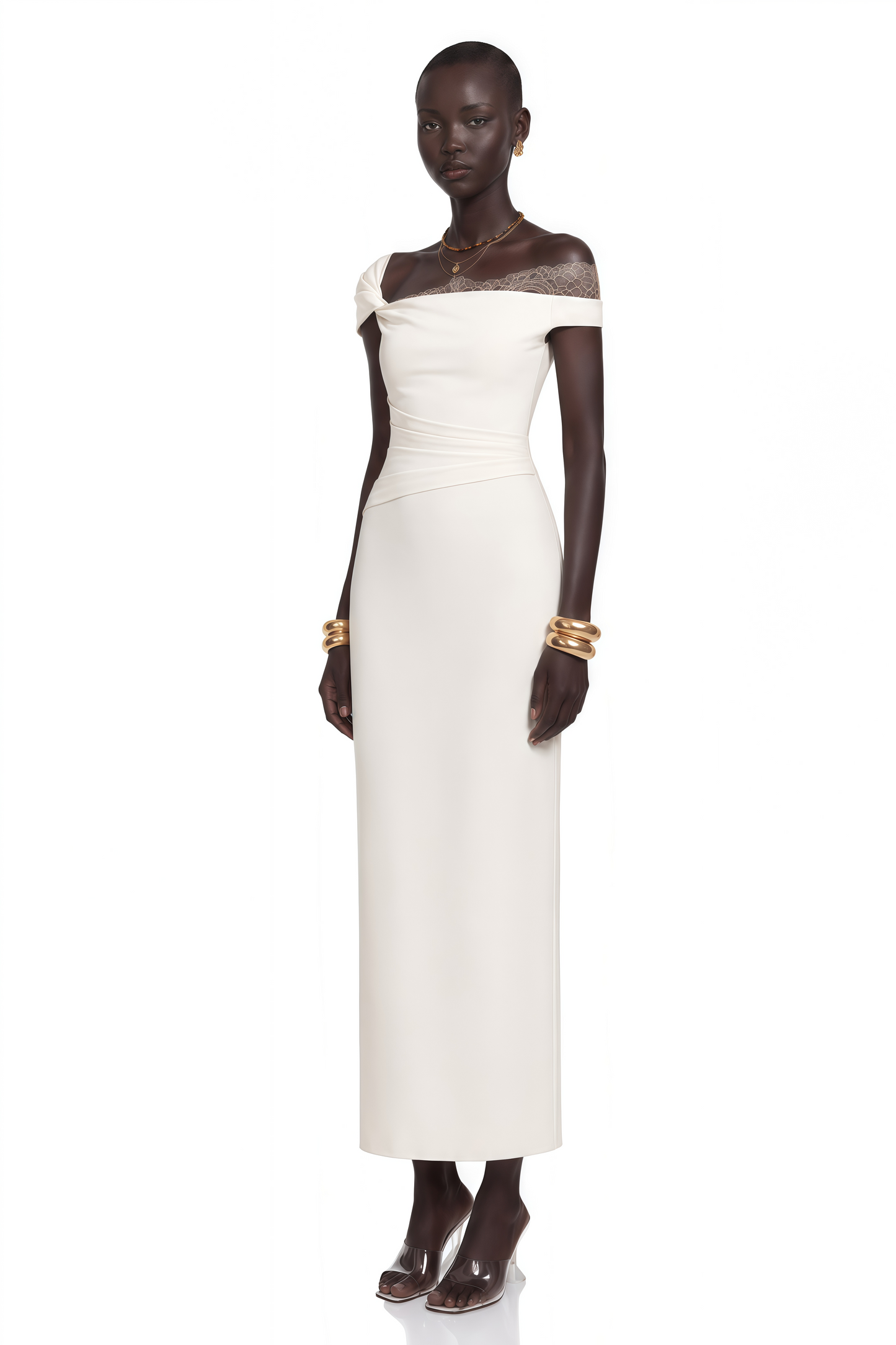 Roshanak White One Shoulder Midi Dress with Lace Panels