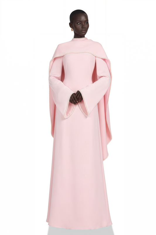 Piroska Pembe İncili Şal Detaylı Maxi Elbise