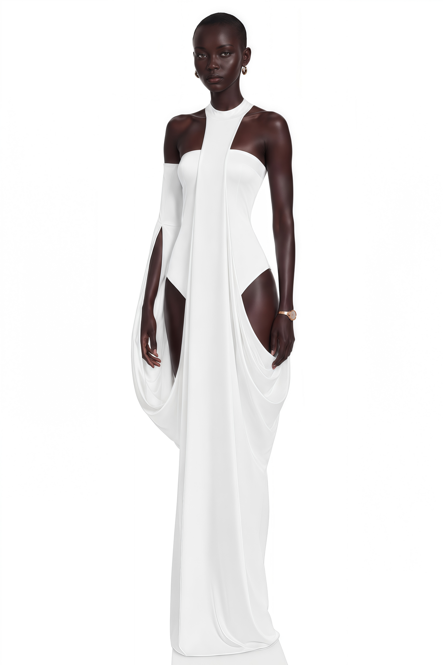 Elowen White Halter Neck Draped Maxi Dress