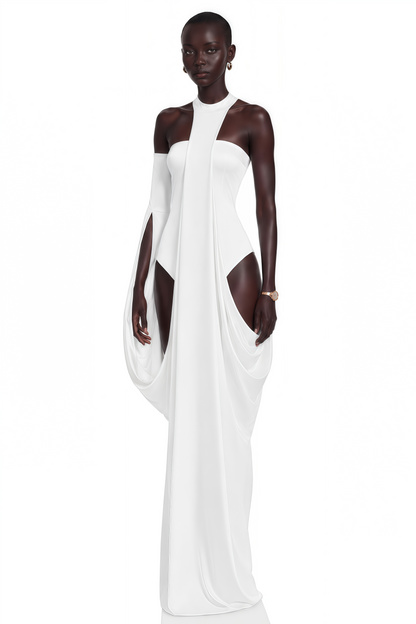 Elowen White Halter Neck Draped Maxi Dress