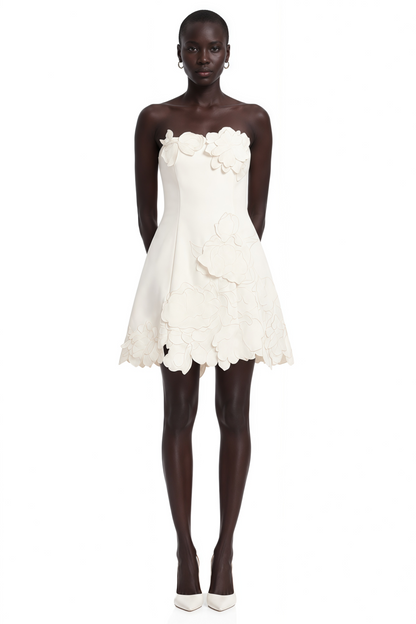 Inga Cream White Strapless Floral Embroidered Mini Dress