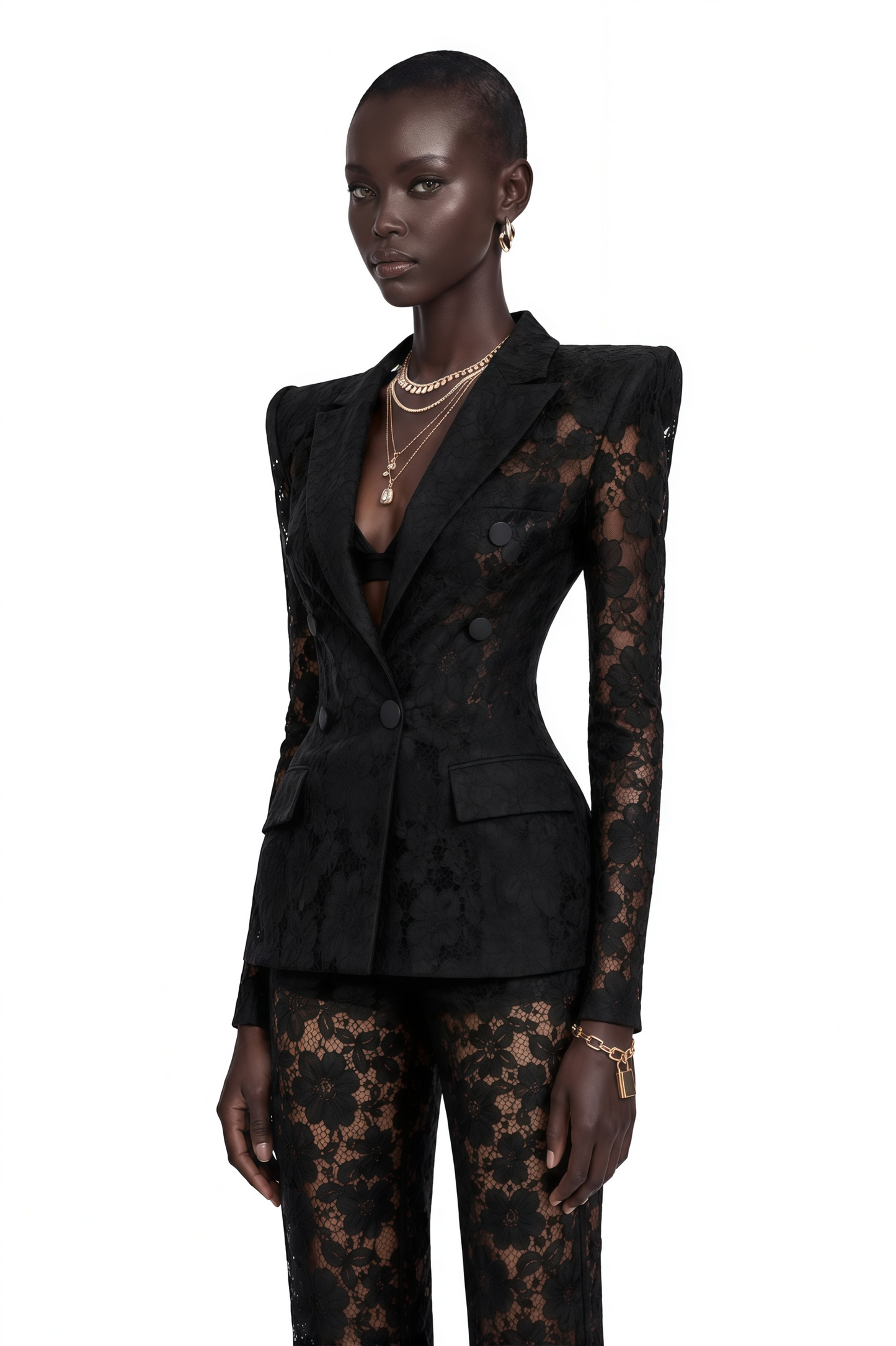 Zoé Black Sheer Lace Blazer & Trousers Matching Set