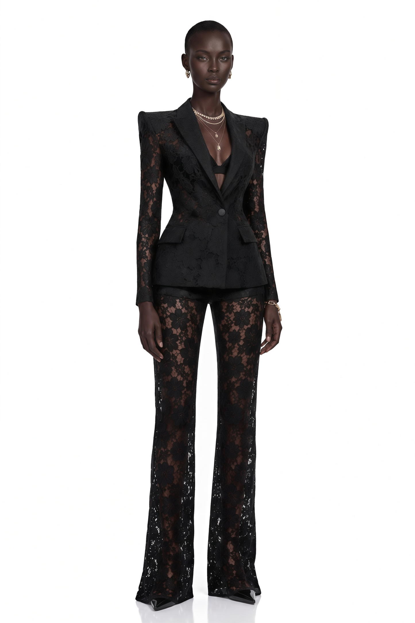 Zoé Black Sheer Lace Blazer & Trousers Matching Set