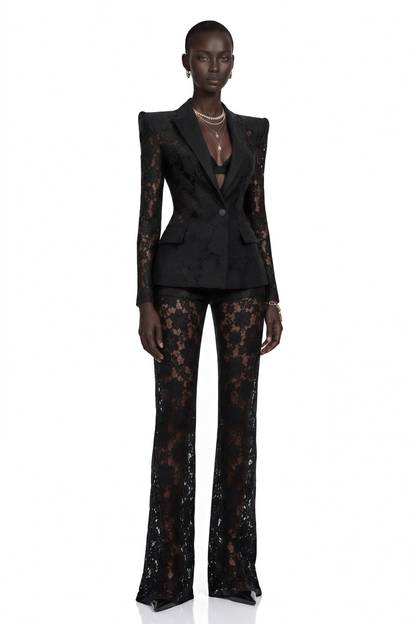 Zoé Black Sheer Lace Blazer & Trousers Matching Set