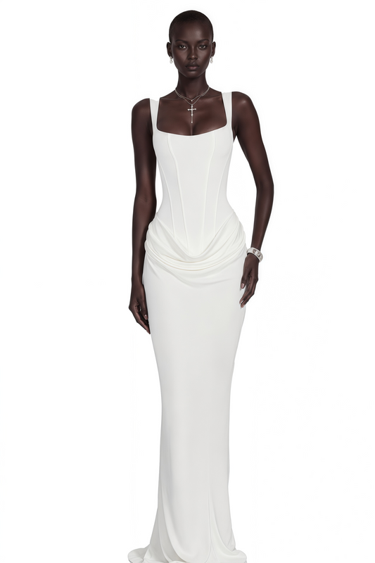 Paulette White Ruched Corset Maxi Dress