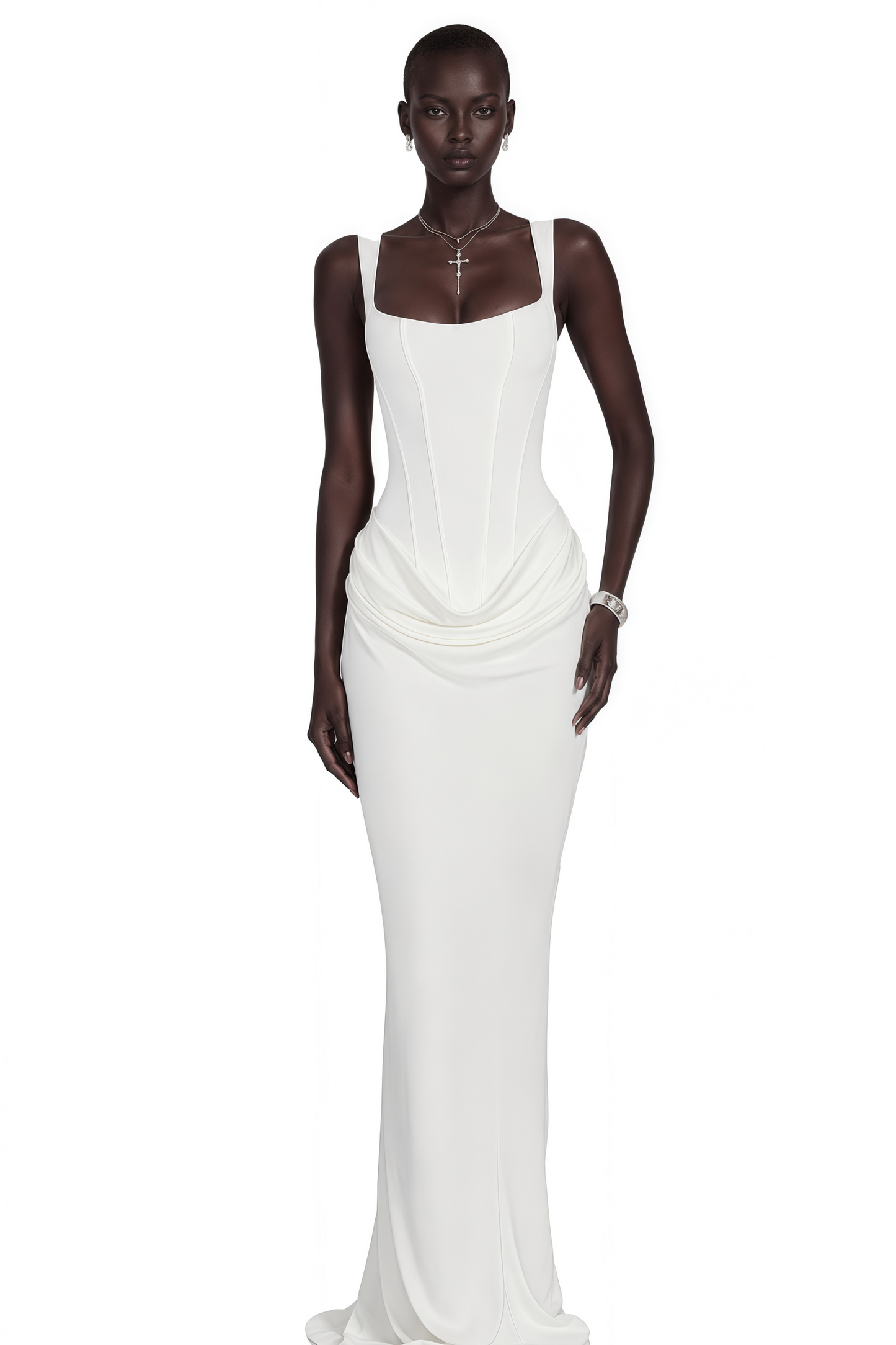Paulette White Ruched Corset Maxi Dress