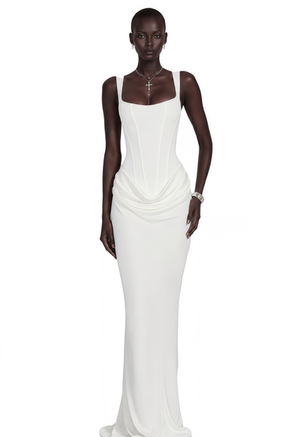 Paulette White Ruched Corset Maxi Dress