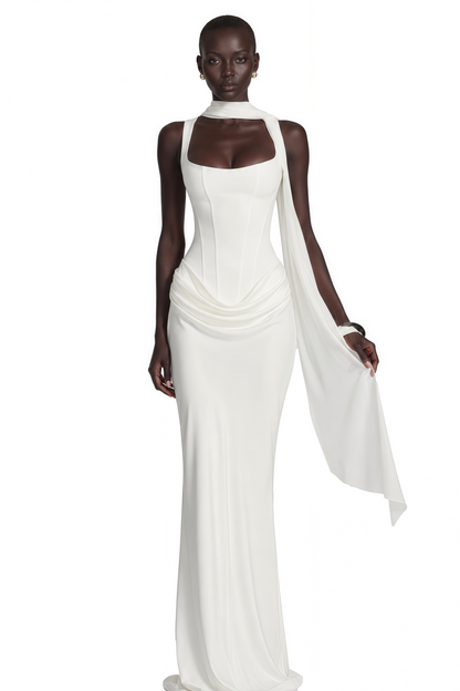 Paulette White Ruched Corset Maxi Dress