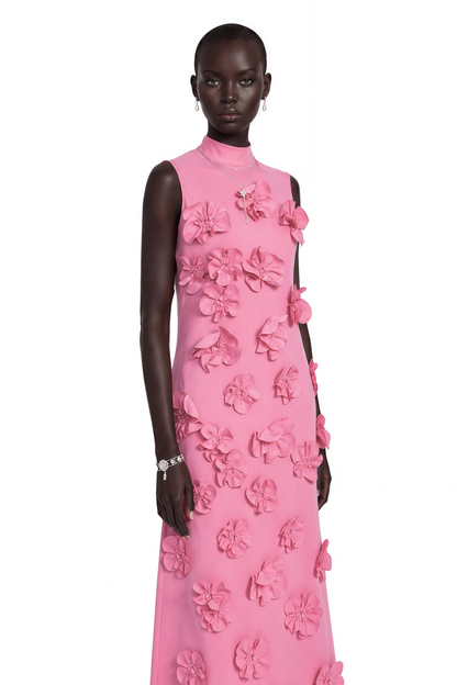 Magali Pink Sleeveless Maxi Dress with Faux Flower & Bow-Tie Embellishment
