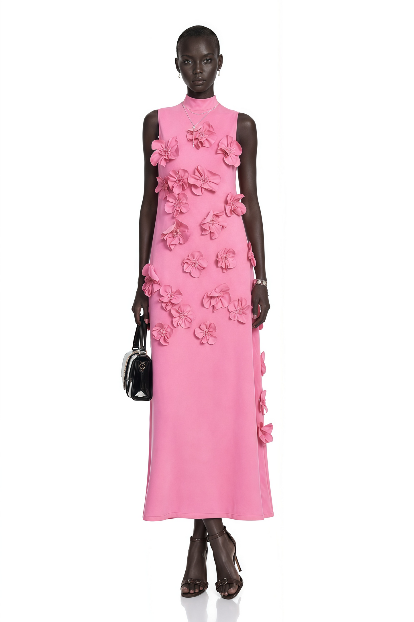Magali Pink Sleeveless Maxi Dress with Faux Flower & Bow-Tie Embellishment