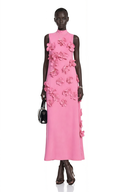 Magali Pink Sleeveless Maxi Dress with Faux Flower & Bow-Tie Embellishment