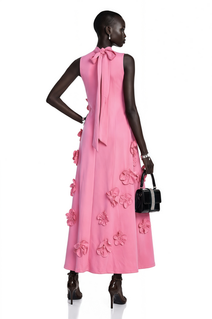 Magali Pink Sleeveless Maxi Dress with Faux Flower & Bow-Tie Embellishment