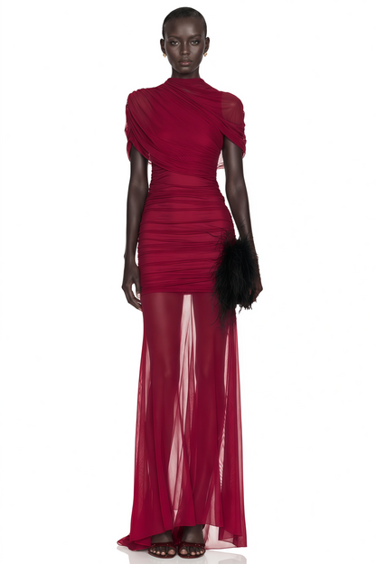 Sylphe Red Asymmetrical Ruched Mesh Maxi Dress