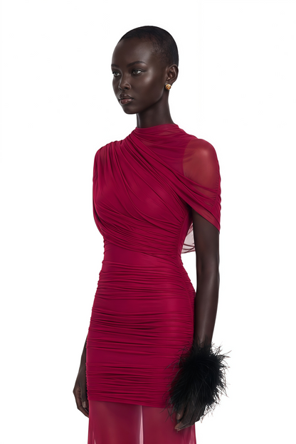 Sylphe Red Asymmetrical Ruched Mesh Maxi Dress