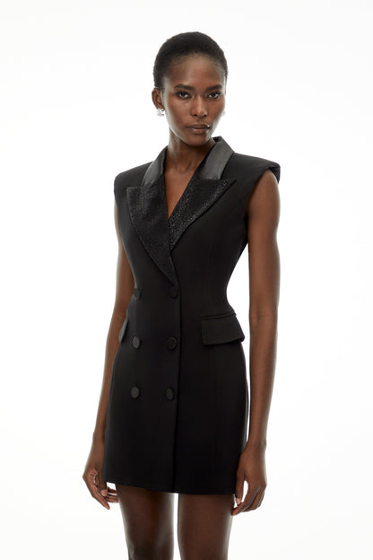 Chiara Black Sequin Blazer Dress with Lapel Collar
