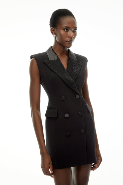Chiara Black Sequin Blazer Dress with Lapel Collar