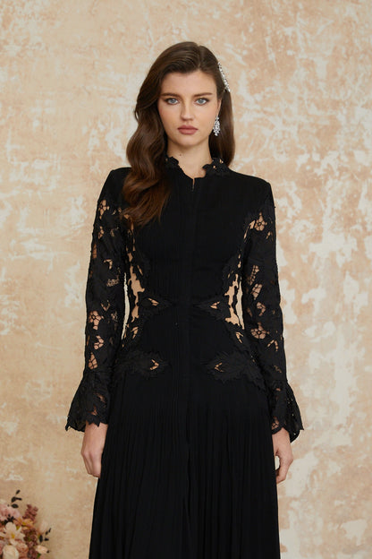 Chiara Black Lace Panel Pleated Midi Dress