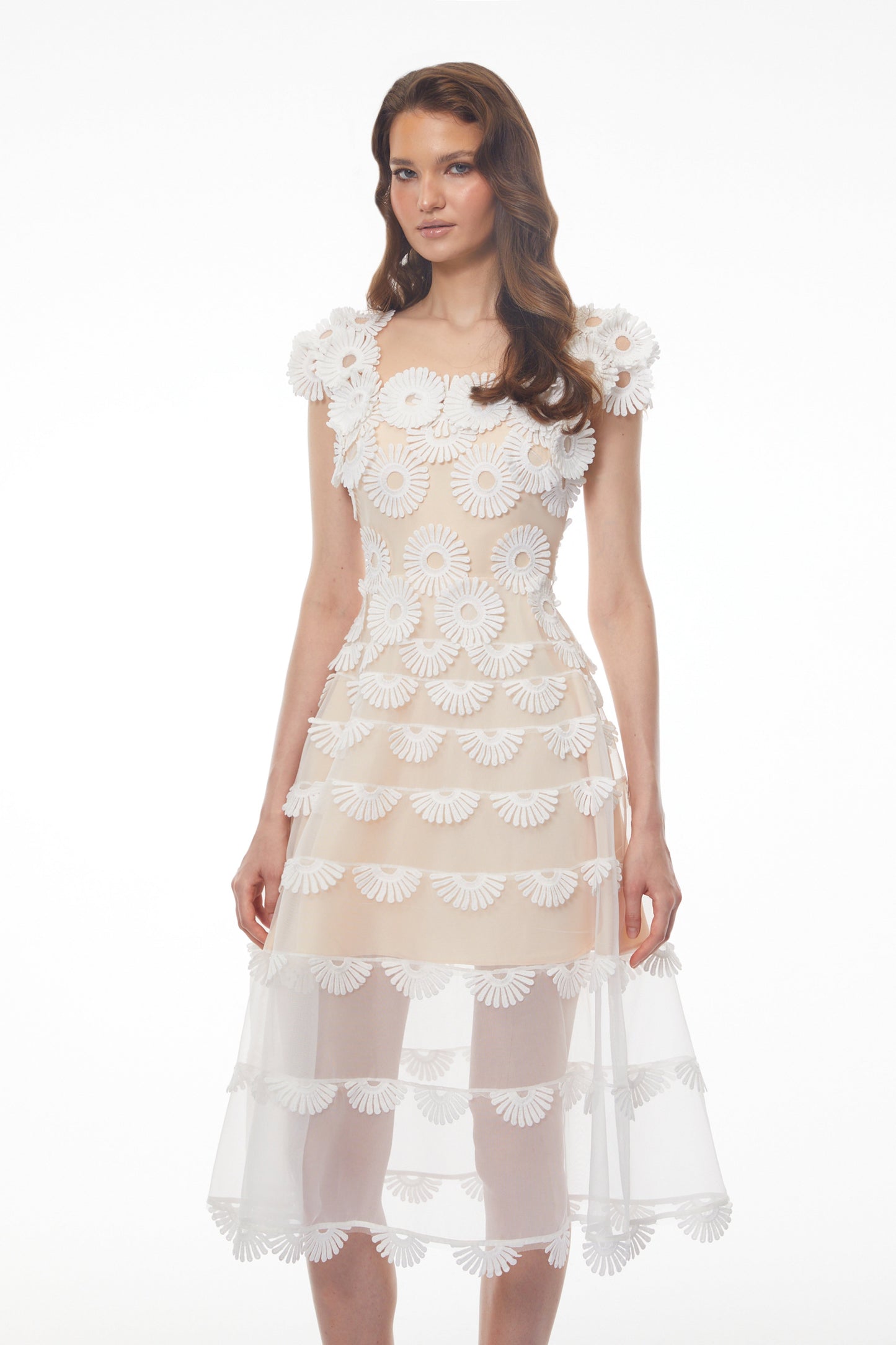 Chiara White Midi Dress with 3D Florals