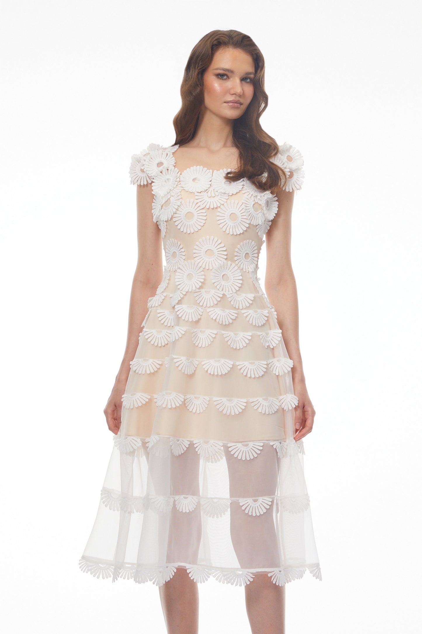 Chiara White Midi Dress with 3D Florals
