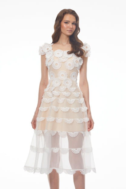 Chiara White Midi Dress with 3D Florals