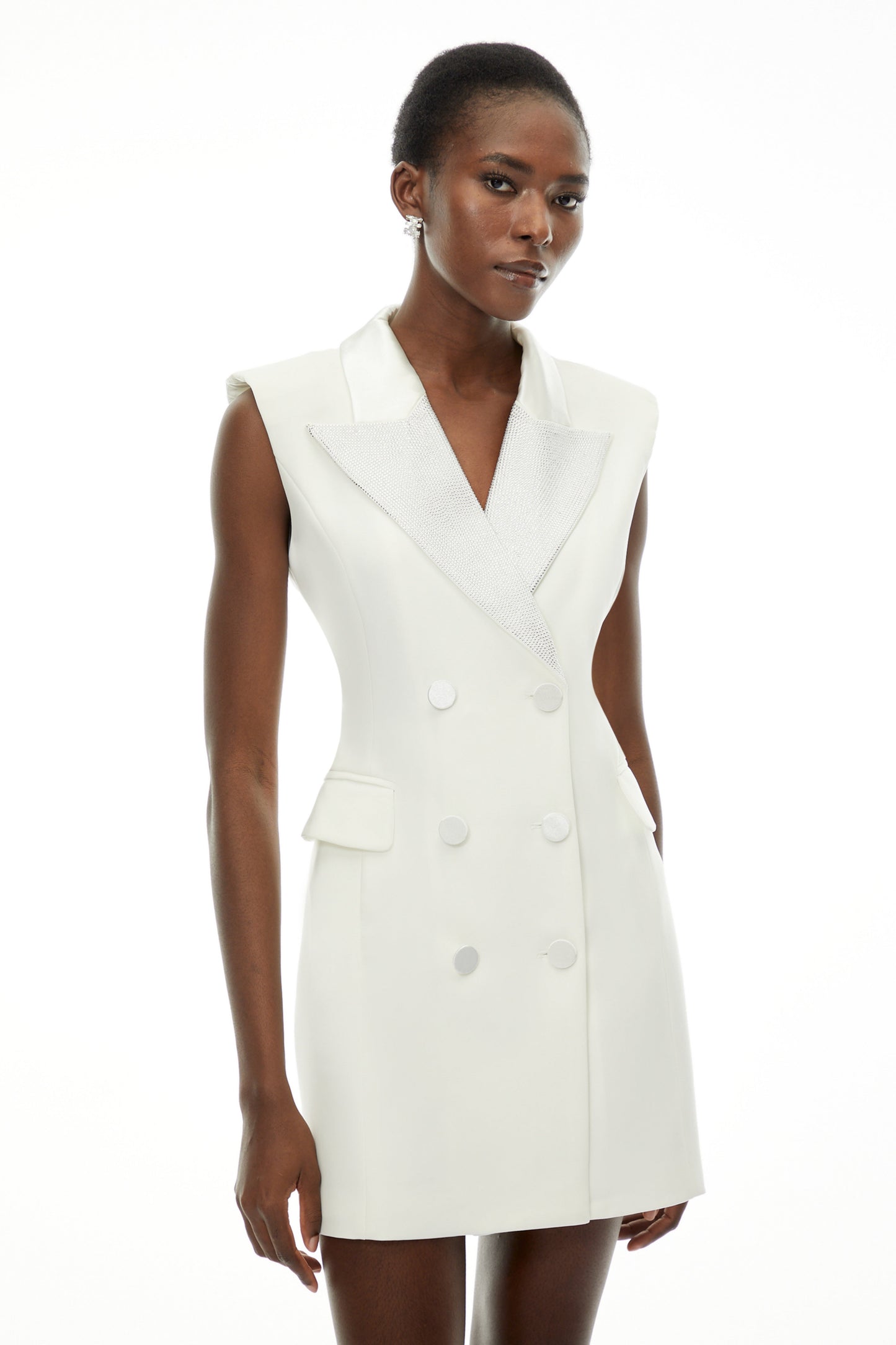 Chiara White Sequin Blazer Dress with Lapel Collar