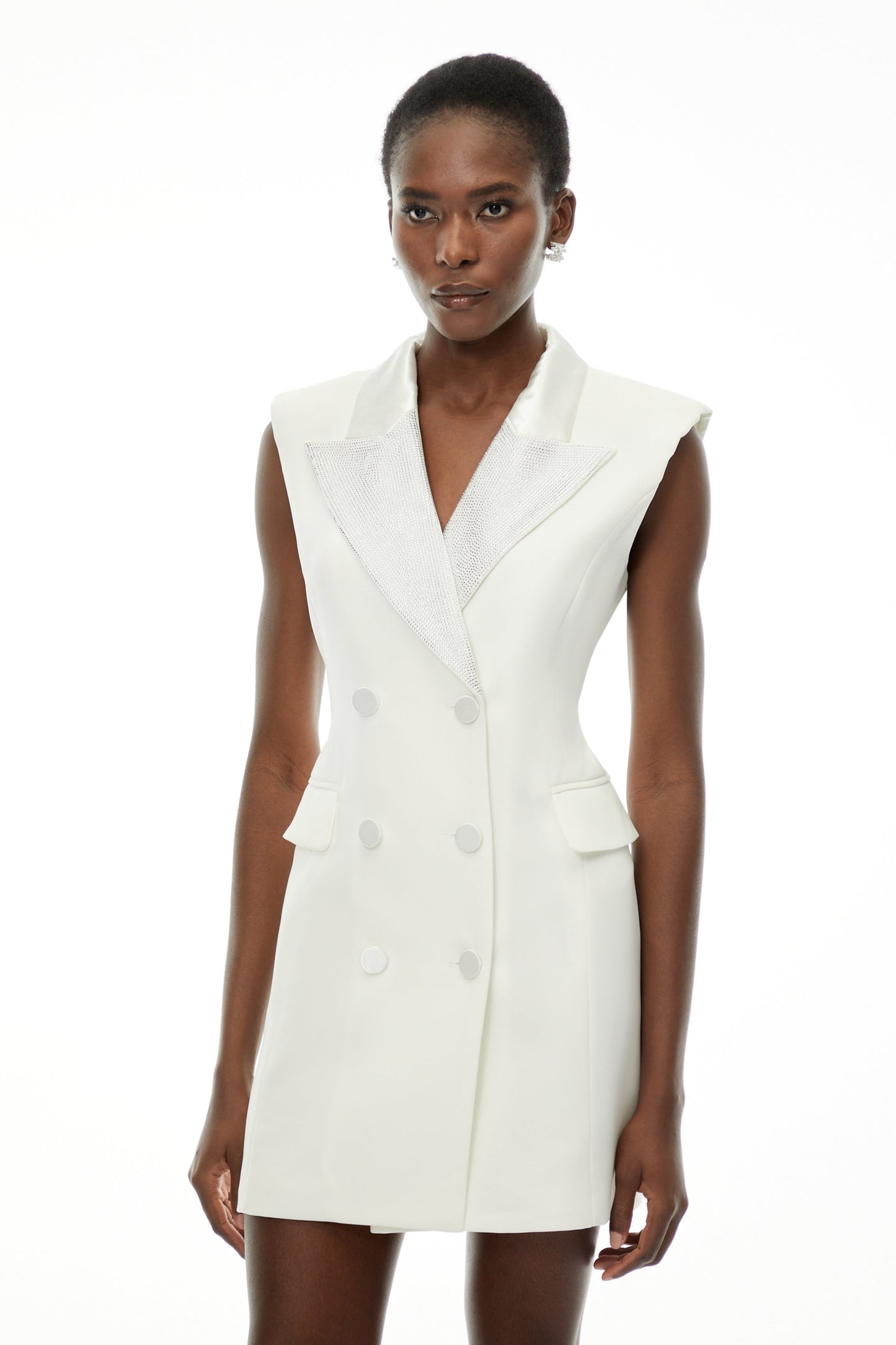 Chiara White Sequin Blazer Dress with Lapel Collar