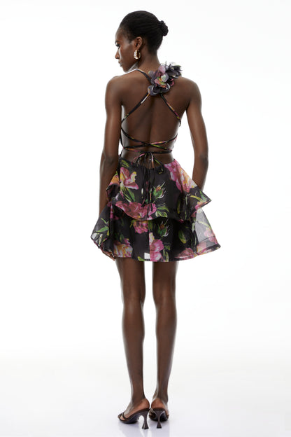 Chione Black Floral Applique Backless Mini Dress
