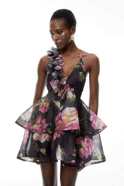 Chione Black Floral Applique Backless Mini Dress