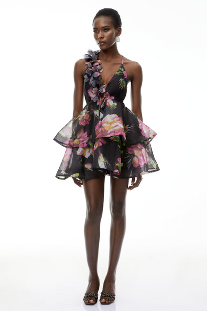 Chione Black Floral Applique Backless Mini Dress
