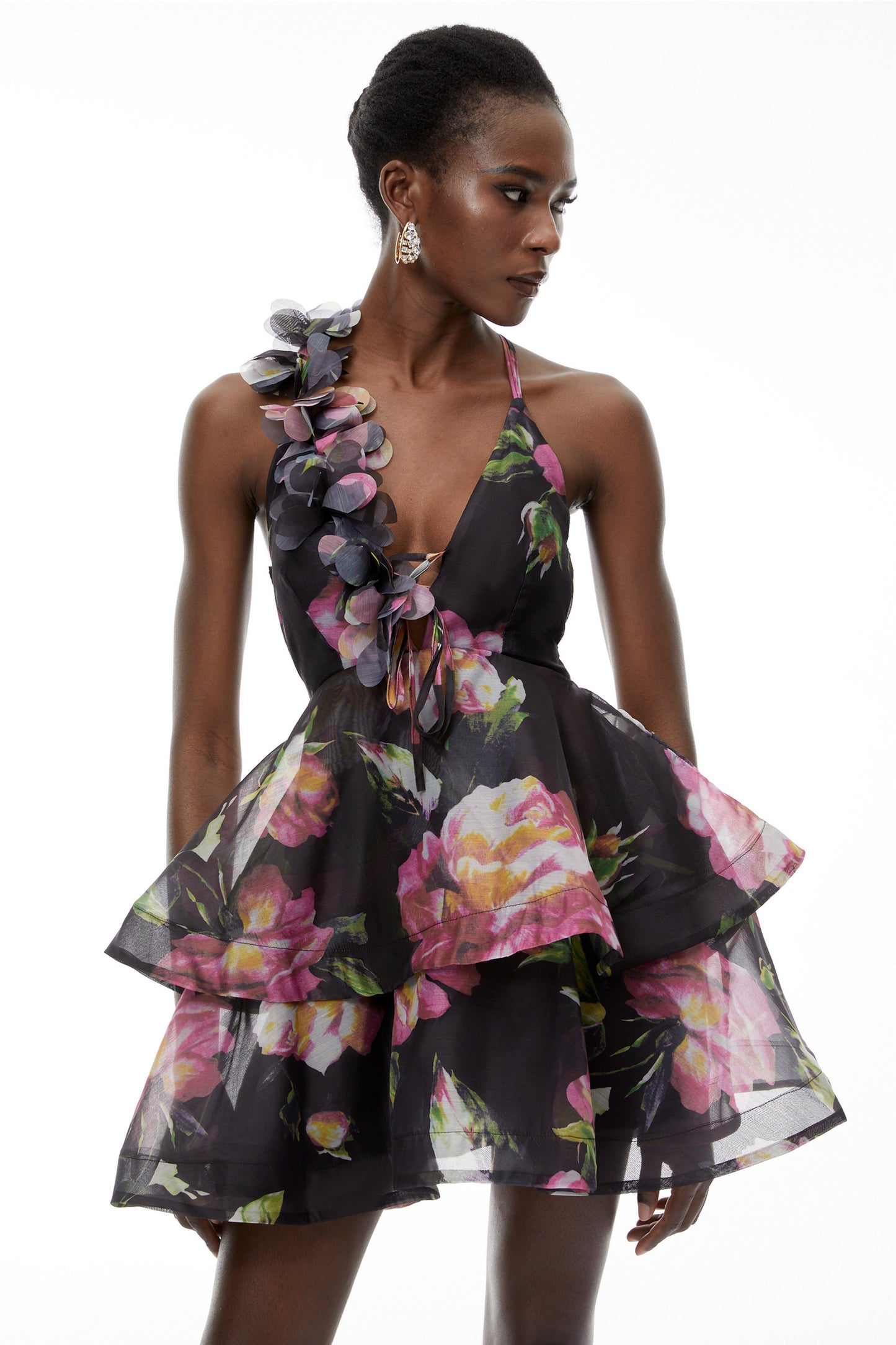 Chione Black Floral Applique Backless Mini Dress