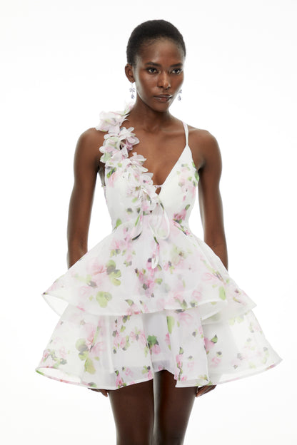 Chione White Floral Applique Backless Mini Dress