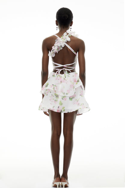 Chione White Floral Applique Backless Mini Dress