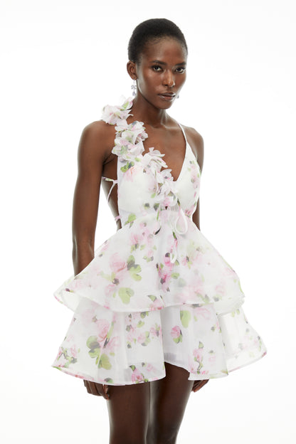 Chione White Floral Applique Backless Mini Dress