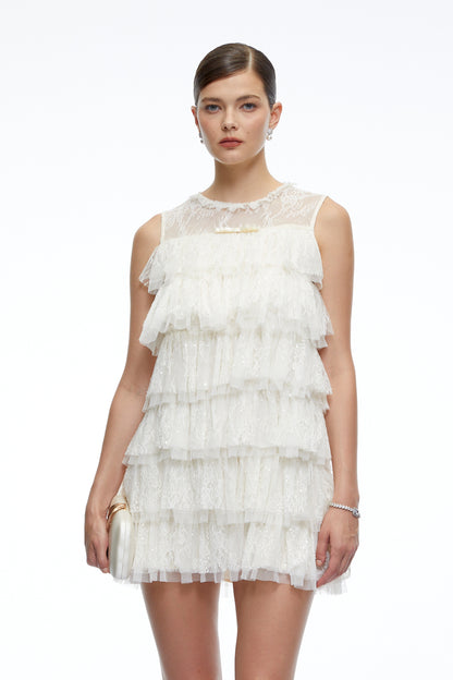 Chloe Neutral Tiered Textured Sleeveless Mini Dress