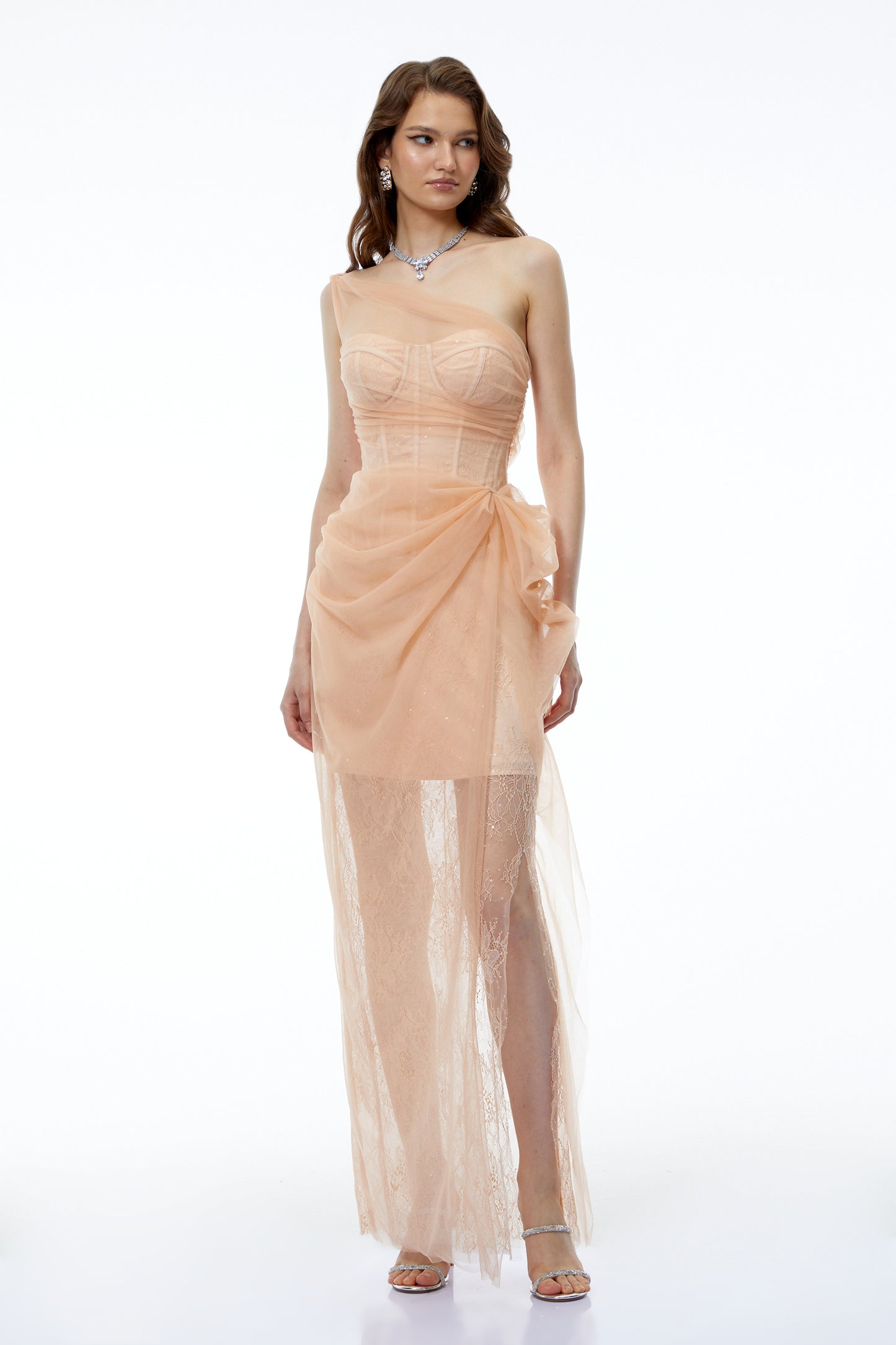 Ciel Neutral Asymmetrical Slit Ruched Maxi Dress