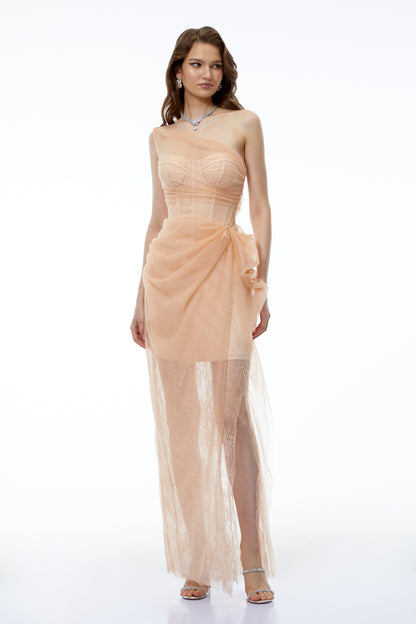Ciel Neutral Asymmetrical Slit Ruched Maxi Dress