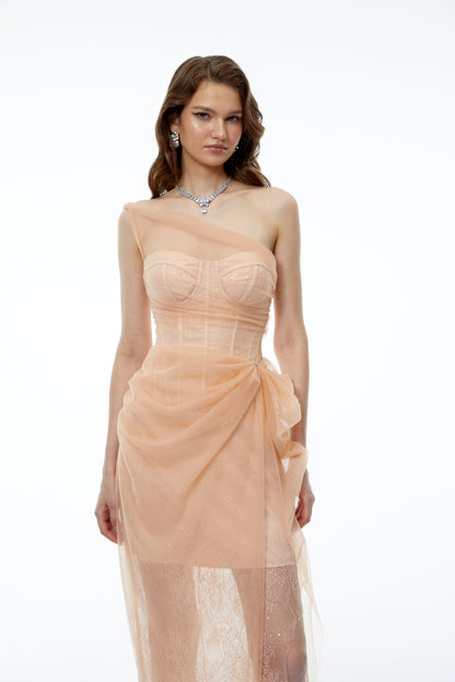 Ciel Neutral Asymmetrical Slit Ruched Maxi Dress