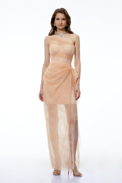 Ciel Neutral Asymmetrical Slit Ruched Maxi Dress