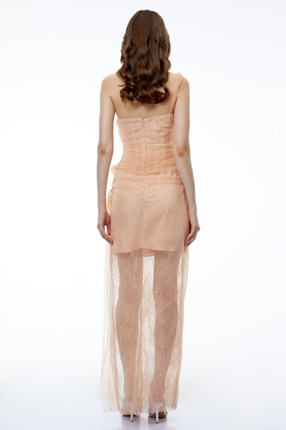 Ciel Neutral Asymmetrical Slit Ruched Maxi Dress