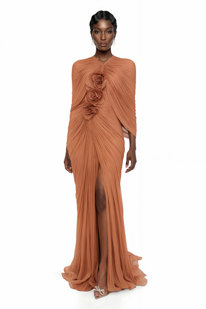 Cíntia Camel Ruched Maxi Dress with 3D Florals