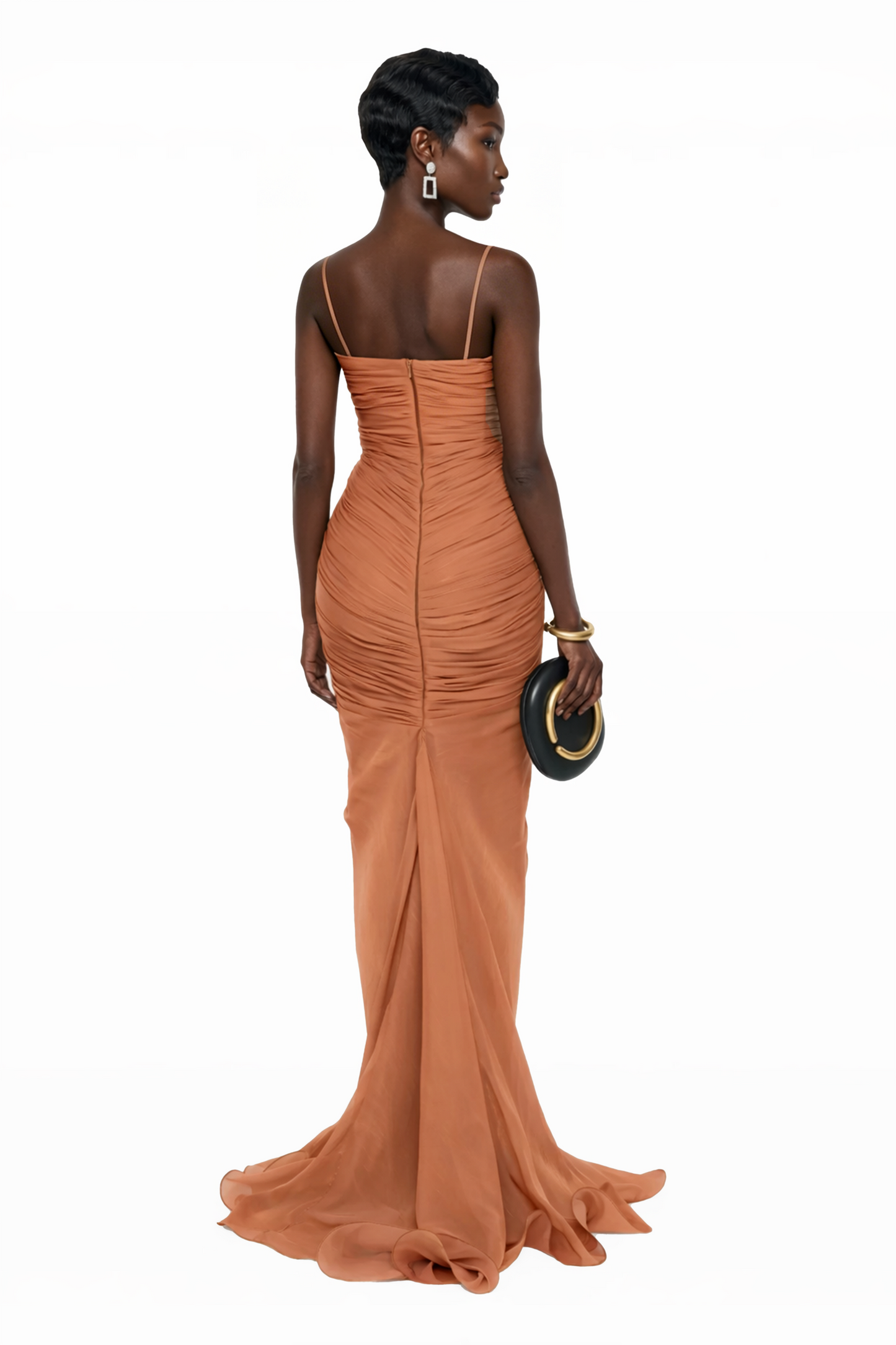 Cíntia Camel Ruched Maxi Dress with 3D Florals