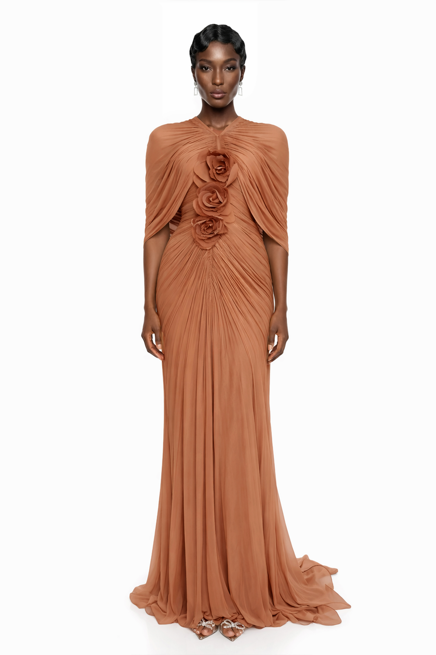 Cíntia Camel Ruched Maxi Dress with 3D Florals