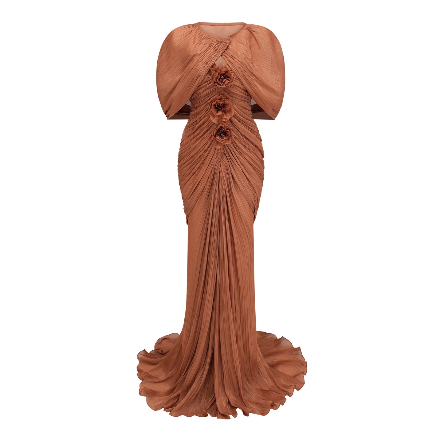 Cíntia Camel Ruched Maxi Dress with 3D Florals