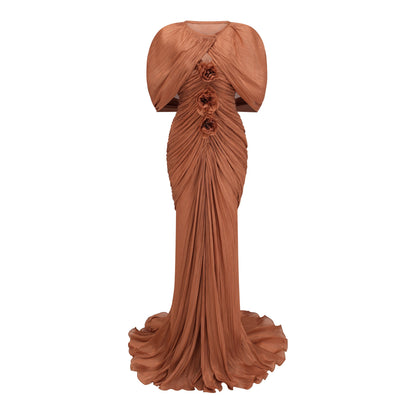Cíntia Camel Ruched Maxi Dress with 3D Florals