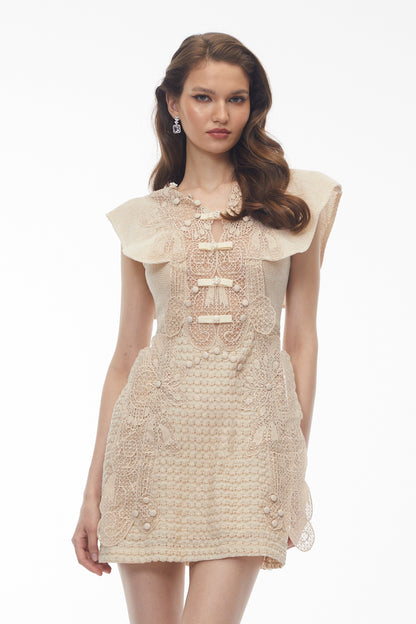 Cire White Embellished Mini Dress with Cap Sleeves