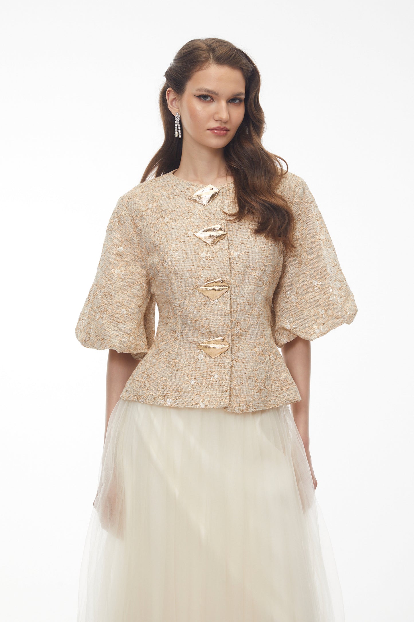 Clara Champagne Floral Embroidered Peplum Jacket