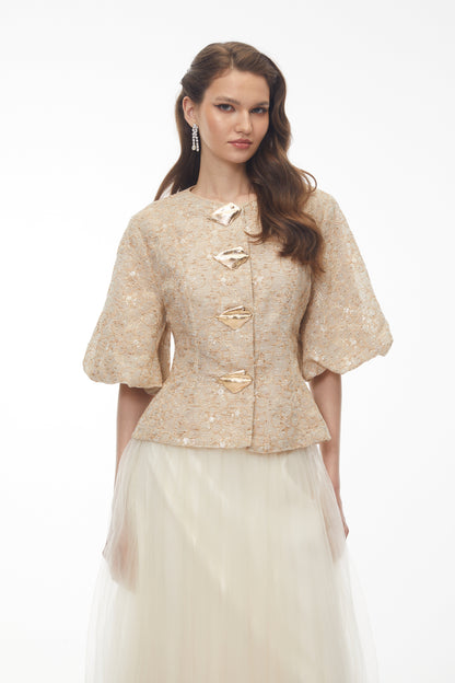 Clara Champagne Floral Embroidered Peplum Jacket
