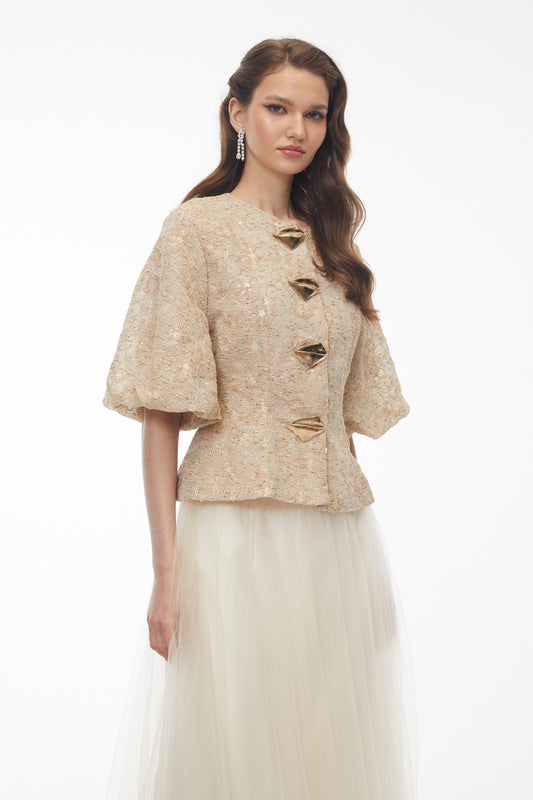 Clara Champagne Floral Embroidered Peplum Jacket